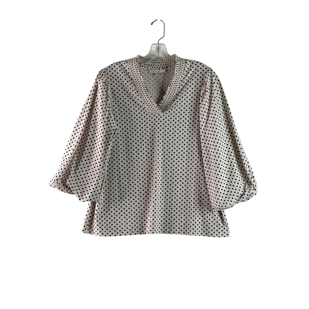 Chico's Bubble Sleeve Smocked Top Polka Dot 3/4 Sleeve Cream Womens 2 Large